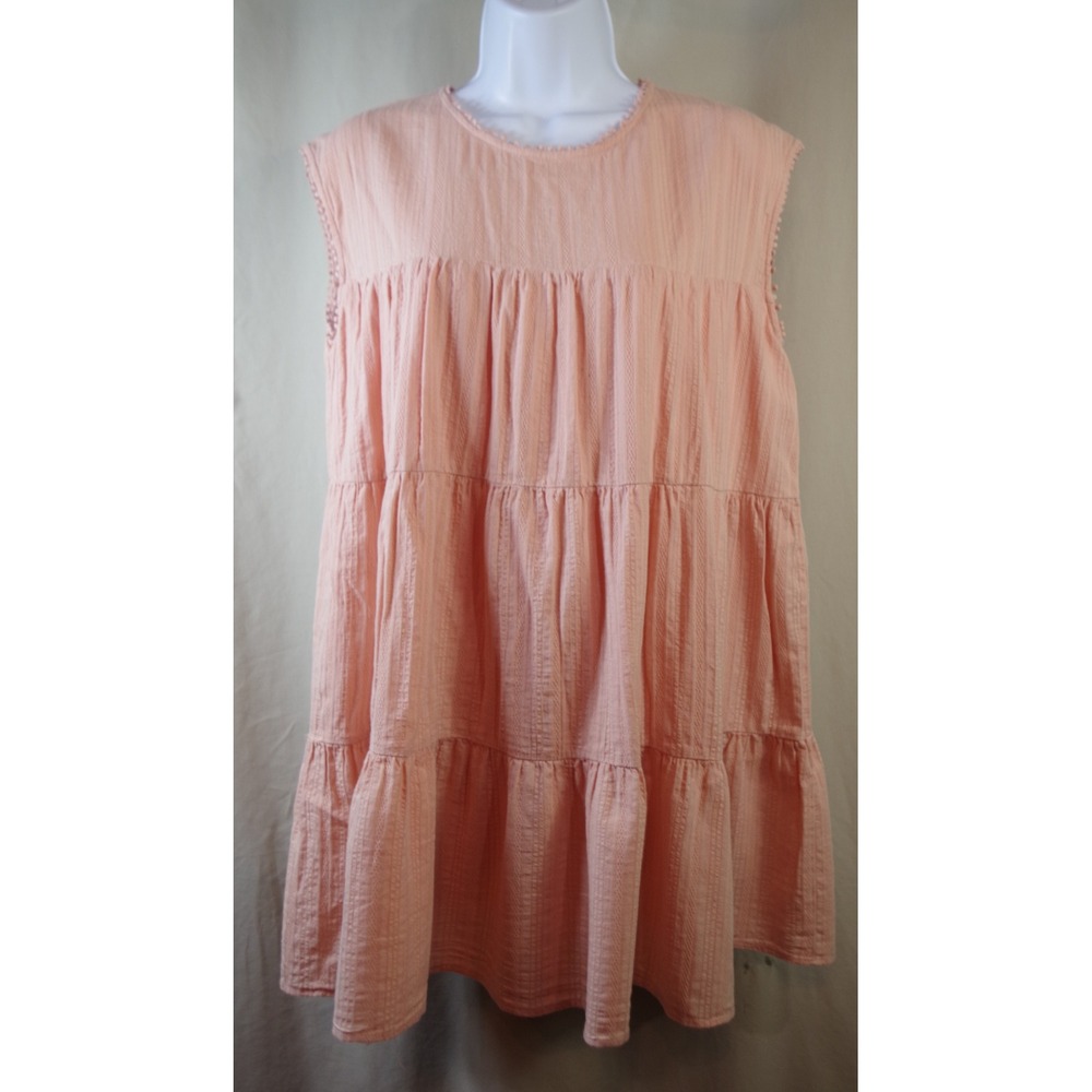 Altar'd State Woman's Size M‎ Peach Pink Tiered Babydoll Mini Dress Dobby Stripe